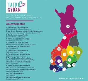 Infografiikkakuva, jossa Taikusydämen alueverkostot on sijoitettu Suomen kartalle. Lisäksi kuvassa on tekstinä luettelo alueverkostoista ja niiden koordinaattoreista: 1. ¬1. Uudenmaan alueverkosto, Uudenmaan liitto ja Taiteen Sulattamo 2. Varsinais-Suomen alueverkosto Varavoimaa ,Läntinen tanssin aluekeskus ja Varsinais-Suomen liitto 3. Satakunnan alueverkosto, Satakunnan sairaanhoitopiiri 4. Kanta-Hämeen alueverkosto, Hämeenlinnan kaupunki 5. Pirkanmaan alueverkosto, Kulttuurikeskus PiiPoo ja Tampereen kaupunki 6. Kymenlaakson alueverkosto, Toimintavoima Oy 7. Etelä-Savon alueverkosto, Etelä-Savon maakuntaliitto 8. Pohjois-Savon alueverkosto, Itä-Suomen Hyvinvointivoimala 9. Pohjois-Karjalan alueverkosto ,OSK Pohjois-Karjalan kansanteatteri (Pokka) 10. Keski-Suomen alueverkosto, Keski-Suomen liitto 11. Länsi-Suomen alueverkosto, Etelä-Pohjanmaan liitto ja Pohjanmaan liitto 12. Pohjois-Pohjanmaan alueverkosto, Pohjois-Pohjanmaan liitto 13. Lapin alueverkosto, Lapin yliopisto 14. Etelä-Karjalan alueverkosto, Kulttuurityöryhmä Tomera.