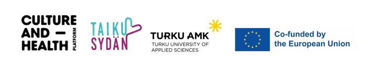 Culture and Health Platform -logo, Taikusydän-logo, Turku UAS logo, Co-funded by the European Union logo.