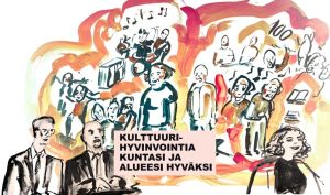 Luonnospiirros mustan, punaisen ja oranssin sävyissä ihmisistä konsertissa, kirjastossa ja keskustelemassa. Kuvan keskellä teksti 'Kulttuurihyvinvointia kuntasi ja alueesi hyväksi'.