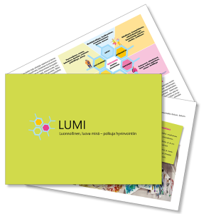 LUMI-hankkeen loppuraportin kuvakaappaus, hankkeen logo vihreällä pohjalla, alla teksti 'Luonnollinen, luova minä - polkuja hyvinvointiin'