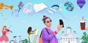 Kolme naista kulttuurin äärellä, taustalla Helsingin ortodoksinen kirkko. Kuvassa keskellä nainen ottamassa itsestään selfietä. Hänen päänsä päällä leijuu trumpetti, mikrofoni, kuulokkeet, kirja, VR-lasit, popparia, elokuvafilmiä ja kuumailmapallo.