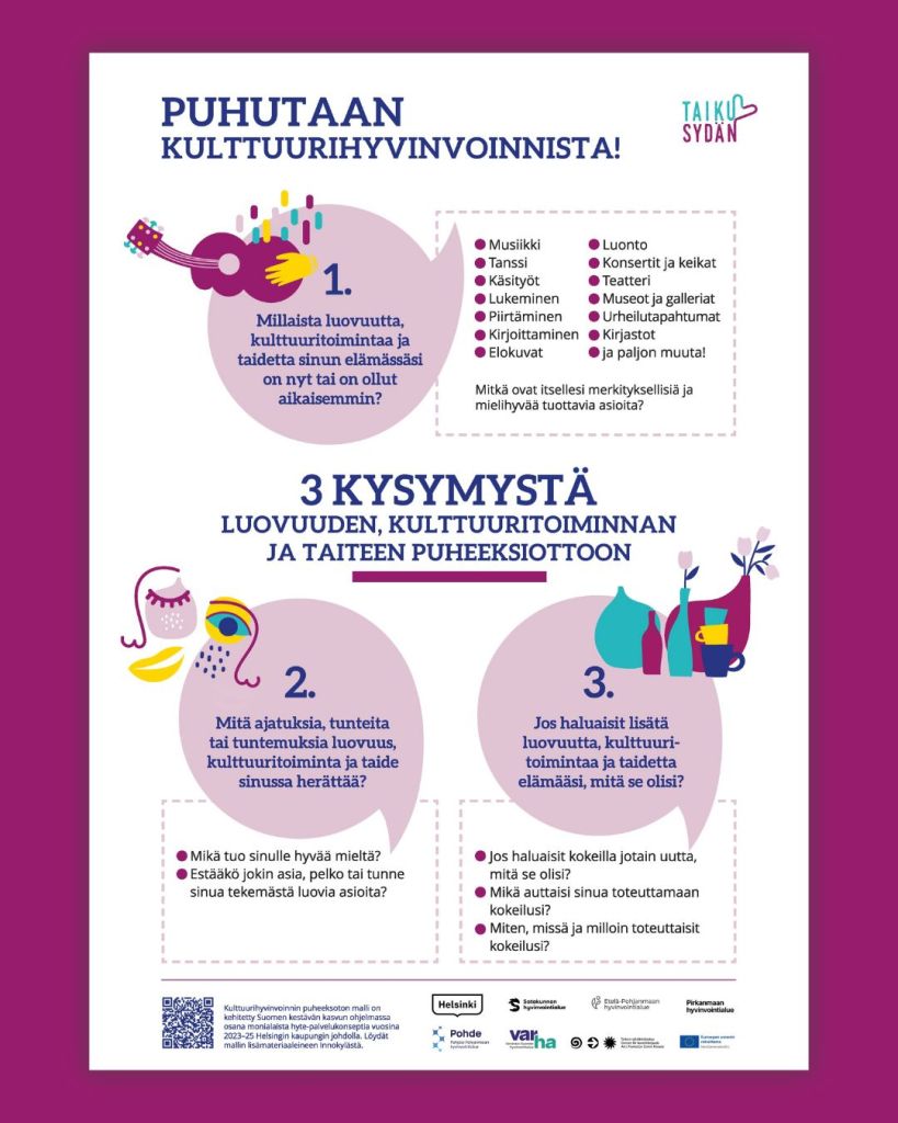 Juliste mallista, joka esittelee kolme ydinkysymystä puheeksiottokeskustelun tueksi.