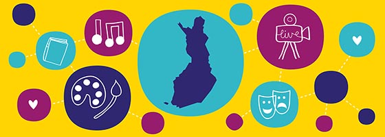 Banneri, jossa on keskellä Suomen kartta ja ympärillä värikkäissä palloissa taiteeseen ja kulttuuriin liittyviä symboleita.