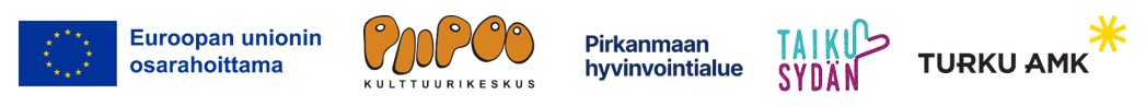 Viisi logoa: EU:n logo, Kulttuurikeskus PiiPoon logo, Pirkanmaan hyvinvointialue, Taikusydän ja Turun AMK.