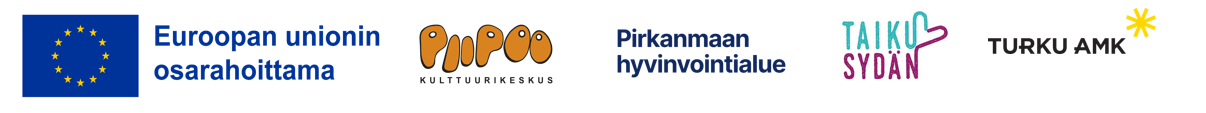 Viisi logoa: EU:n logo, Kulttuurikeskus PiiPoon logo, Pirkanmaan hyvinvointialue, Taikusydän ja Turun AMK.