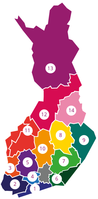 Suomen kartta, johon on merkitty alueverkostojen toiminta-alueet numeroilla. 