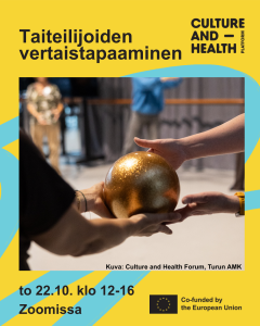 Taiteilijoiden vertaistapaaminen to 22.10. klo 12-16 Zoomissa. Keskellä kuva, jossa kaksi ihmistä pitelee kultaista palloa.