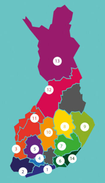 Suomen kartta, johon on merkitty Taikusydämen alueverkosto numeroilla.