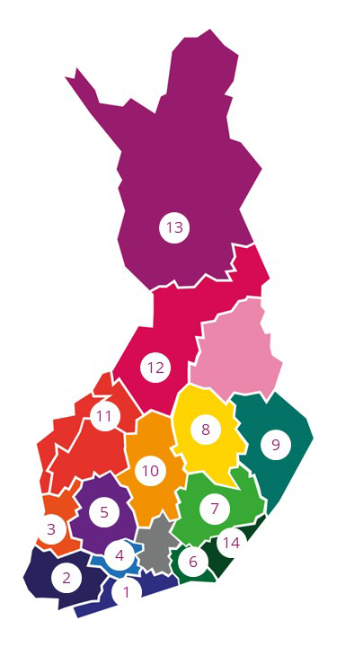 Suomen karttakuva, johon merkitty alueverkostot.